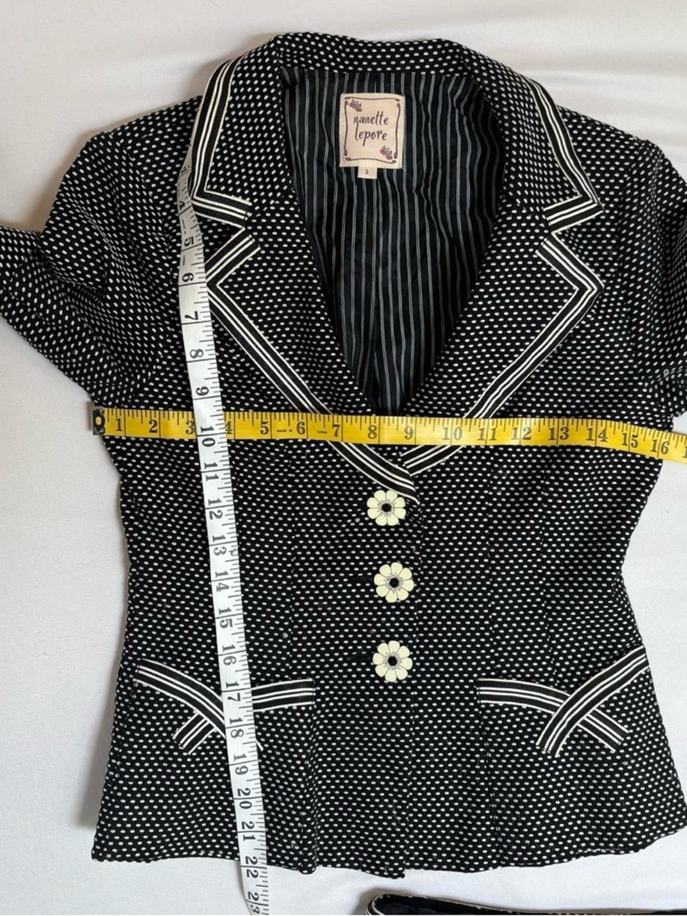 Y2K Nanette Lepore Polka Dot Skirt Suit XS Low Rise Daisy Button Blazer Set VTG - Picture 5 of 8